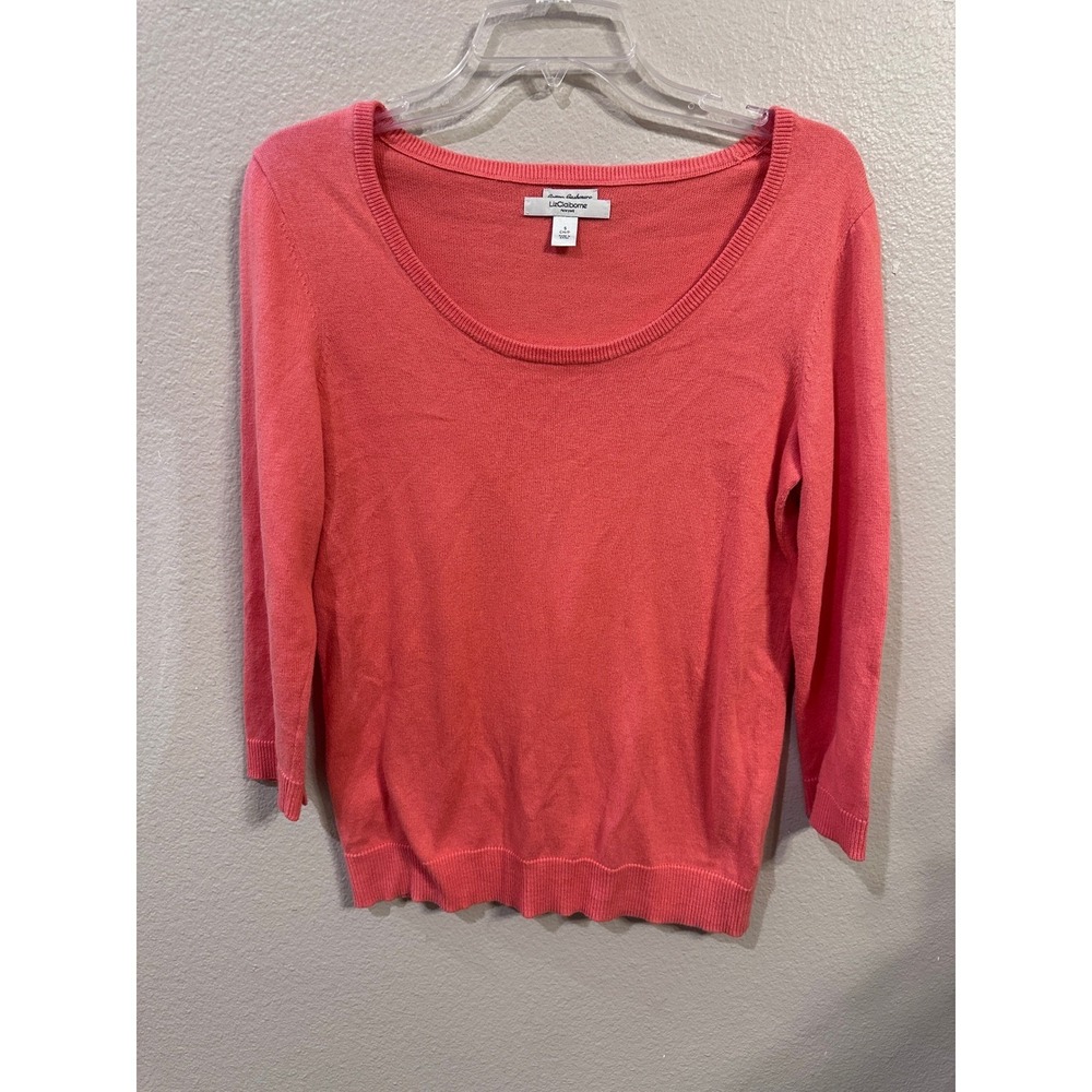 LIZ CLAIBORNE CASHMERE BLEND Coral Pink Knit Sweater Top Jeweled Buttons